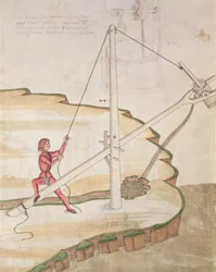 Schemat sposobu doprowadzania wody, ilustracja z "De Machinis" (pióro i tusz oraz wc na papierze)